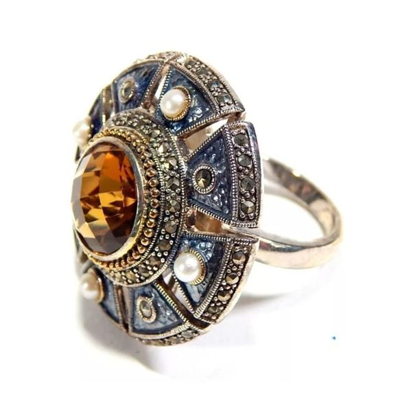 JUDITH JACK Citrine Sterling Silver Marcasite Cocktail Ring NWT - Picture 3 of 11